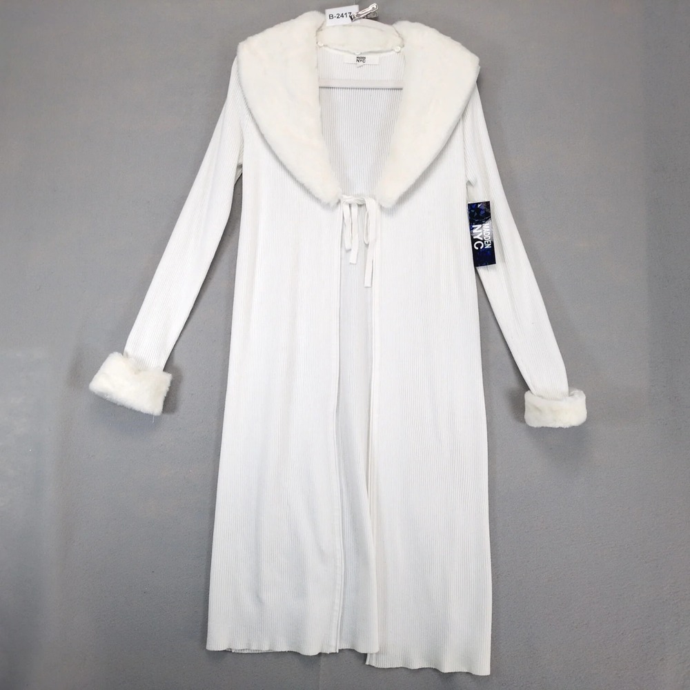 NWT Madden NYC White Faux Fur Trim Duster Coat Womens S Tie Front Rib Knit Chic